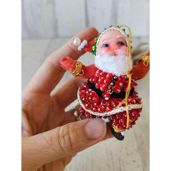 Wooden reindeer sequin beaded Santa vintage ornament Xmas set - Picture 3 of 13